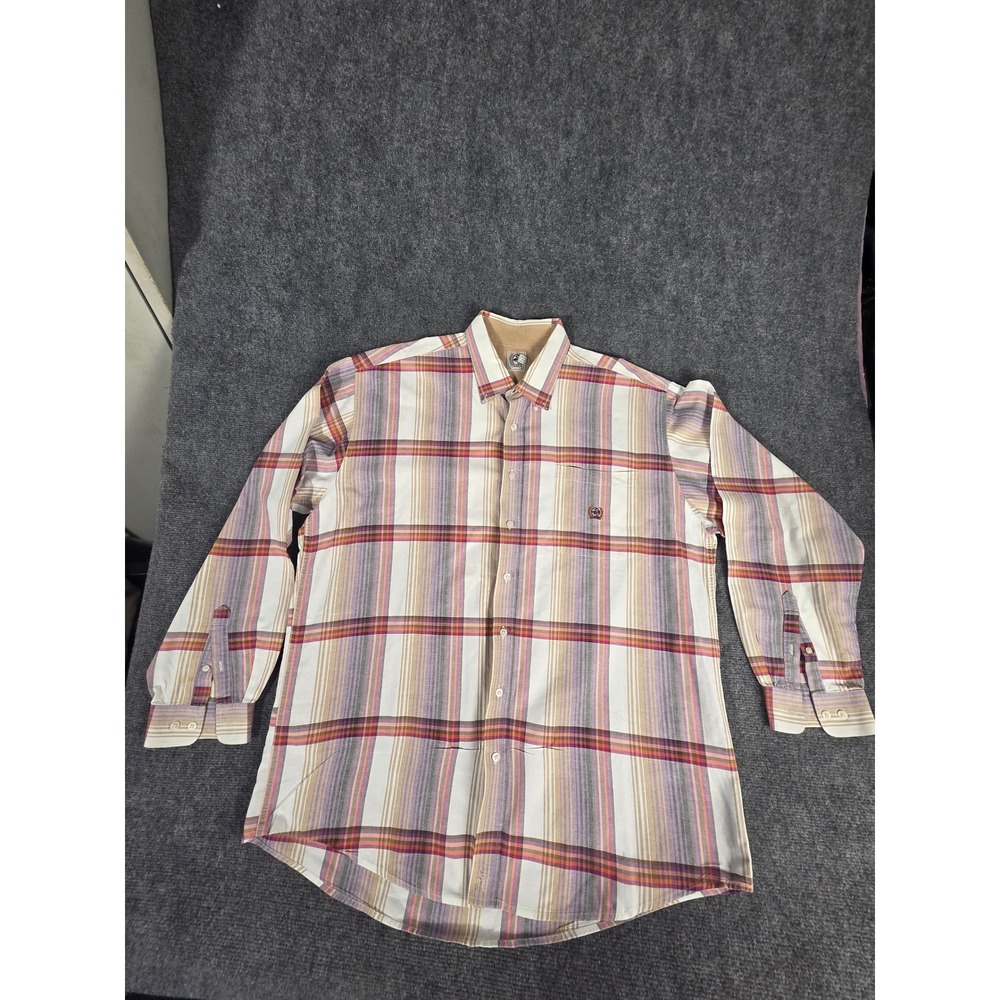 Cinch Mens XL Plaid Button‎ Down Shirt Purple Orange Tan Cotton Long Sleeve Logo